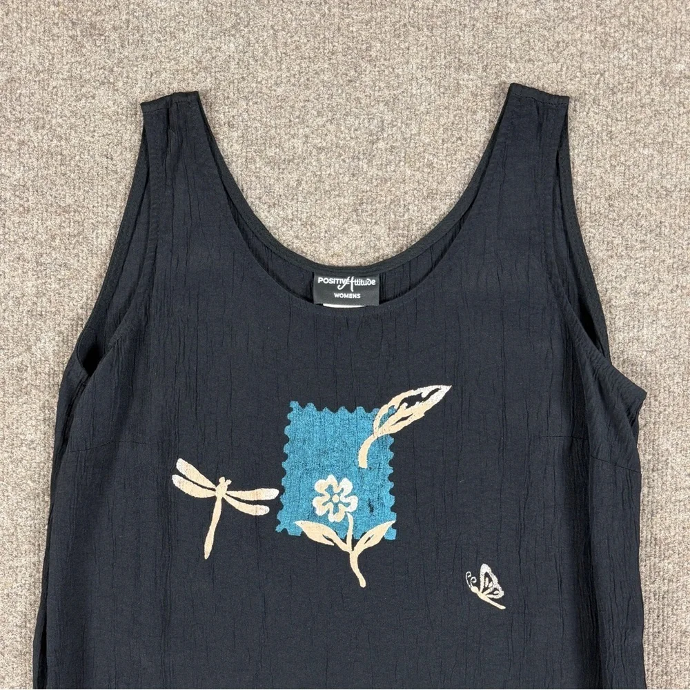 Vintage 90s Black Sleeveless Midi Shift Dress Women’s 14 Crinkle Gauzy Fairycore - Picture 4 of 10